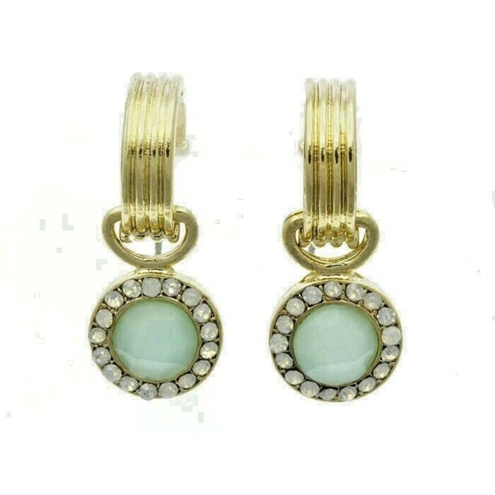 Retro Mint Green Cabochon Rhinestone Earrings Halo Drop Gold-tone Vintage Style